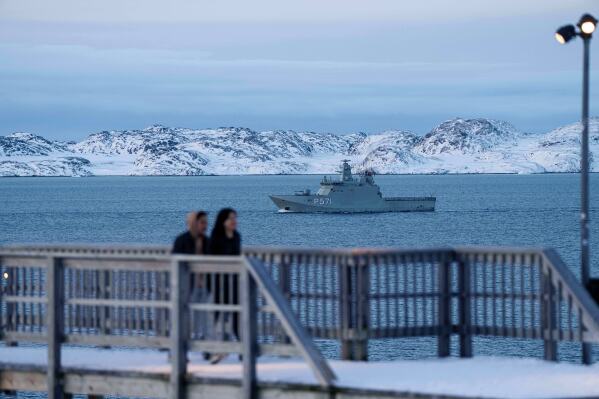 Military vessel HDMS Ejnar Mikkelsen of the Royal Danish Navy patrols near Nuuk, Greenland, on Thursday, Jan. 15, 2026. (AP Photo/Evgeniy Maloletka)