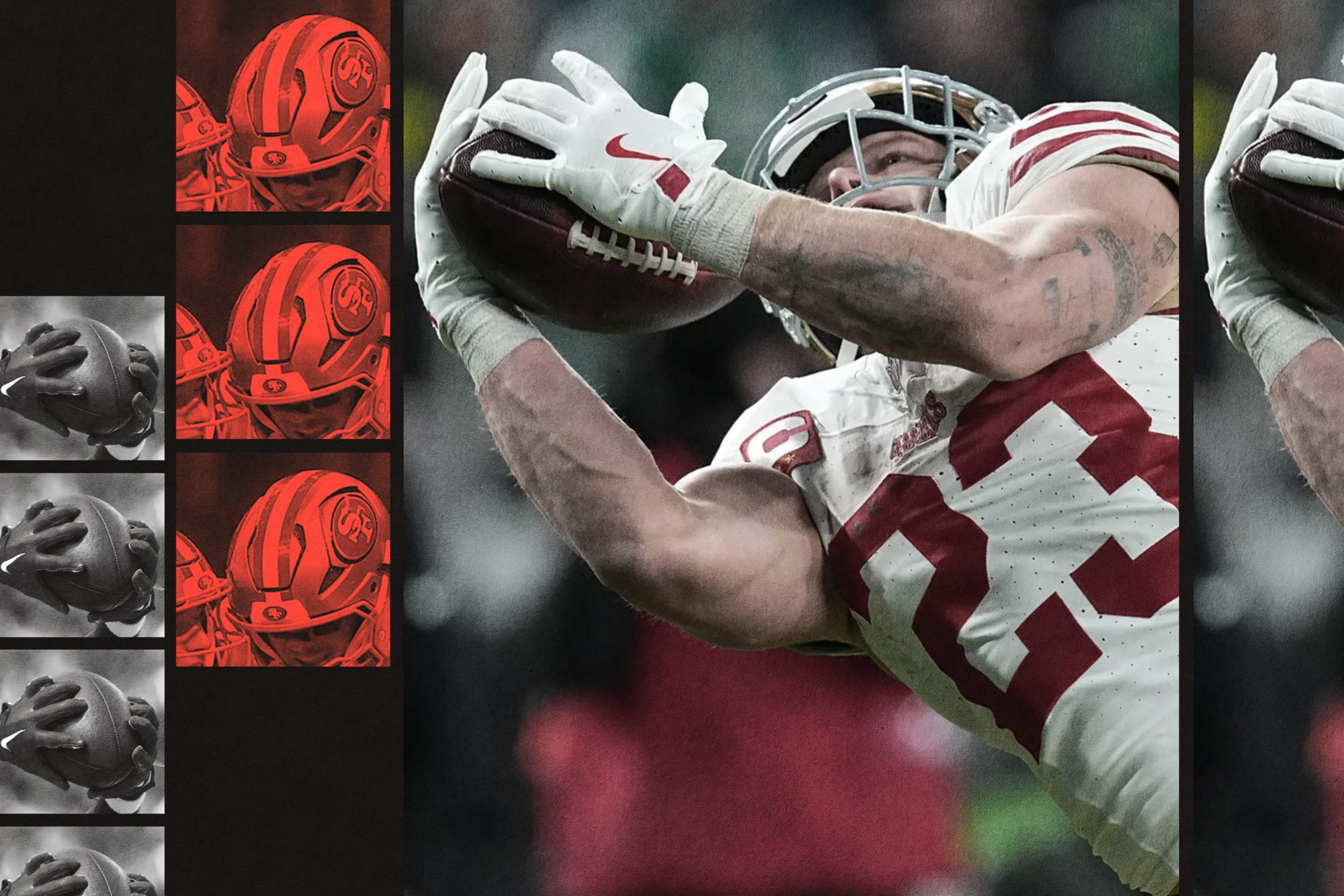 A football player wearing a white jersey with red stripes and the number 85 leaps to catch a football with both hands, wearing white gloves.