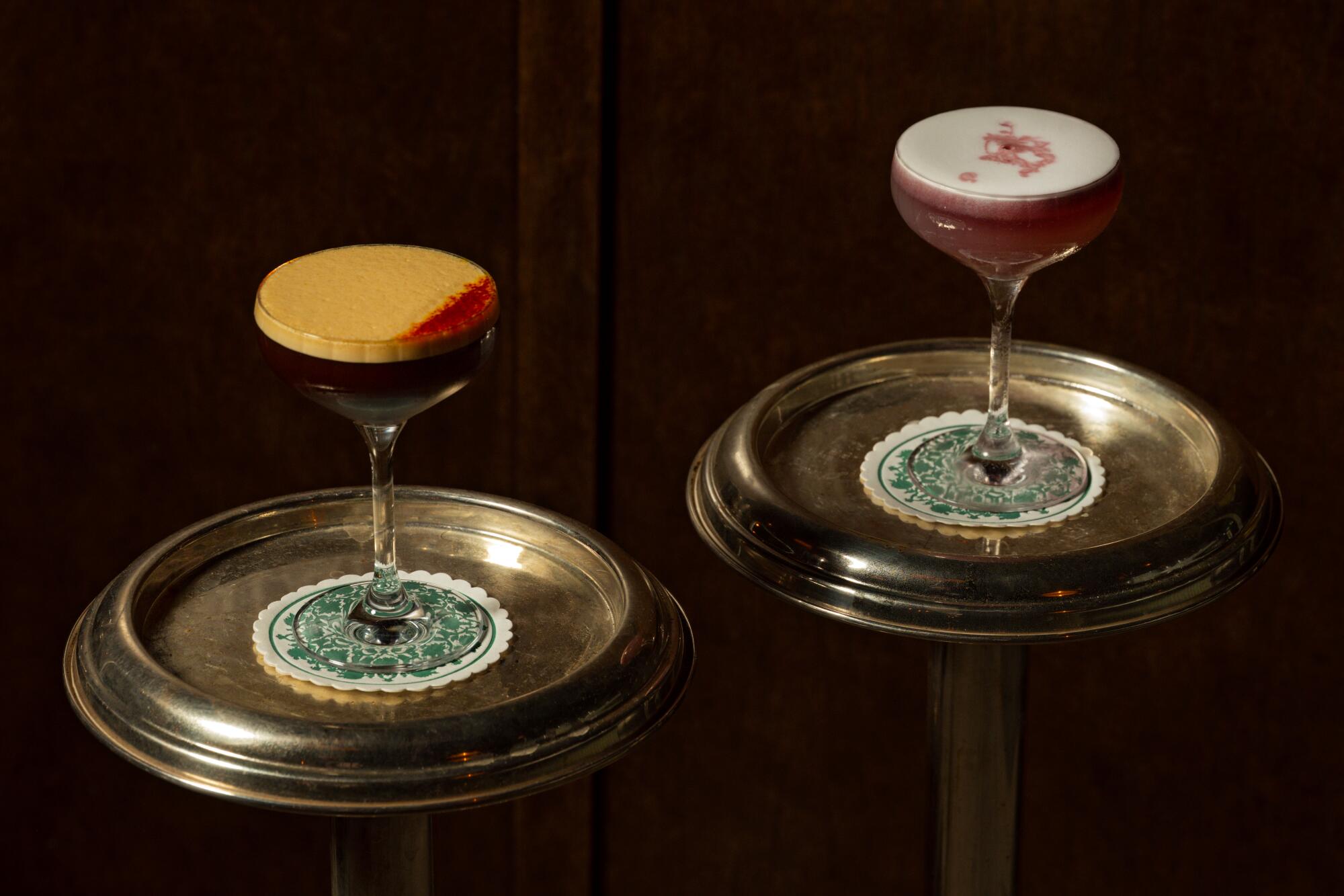 Saffron Carajillo and Grape Sour cocktails at Berenjak at Soho House in downtown Los Angeles. 