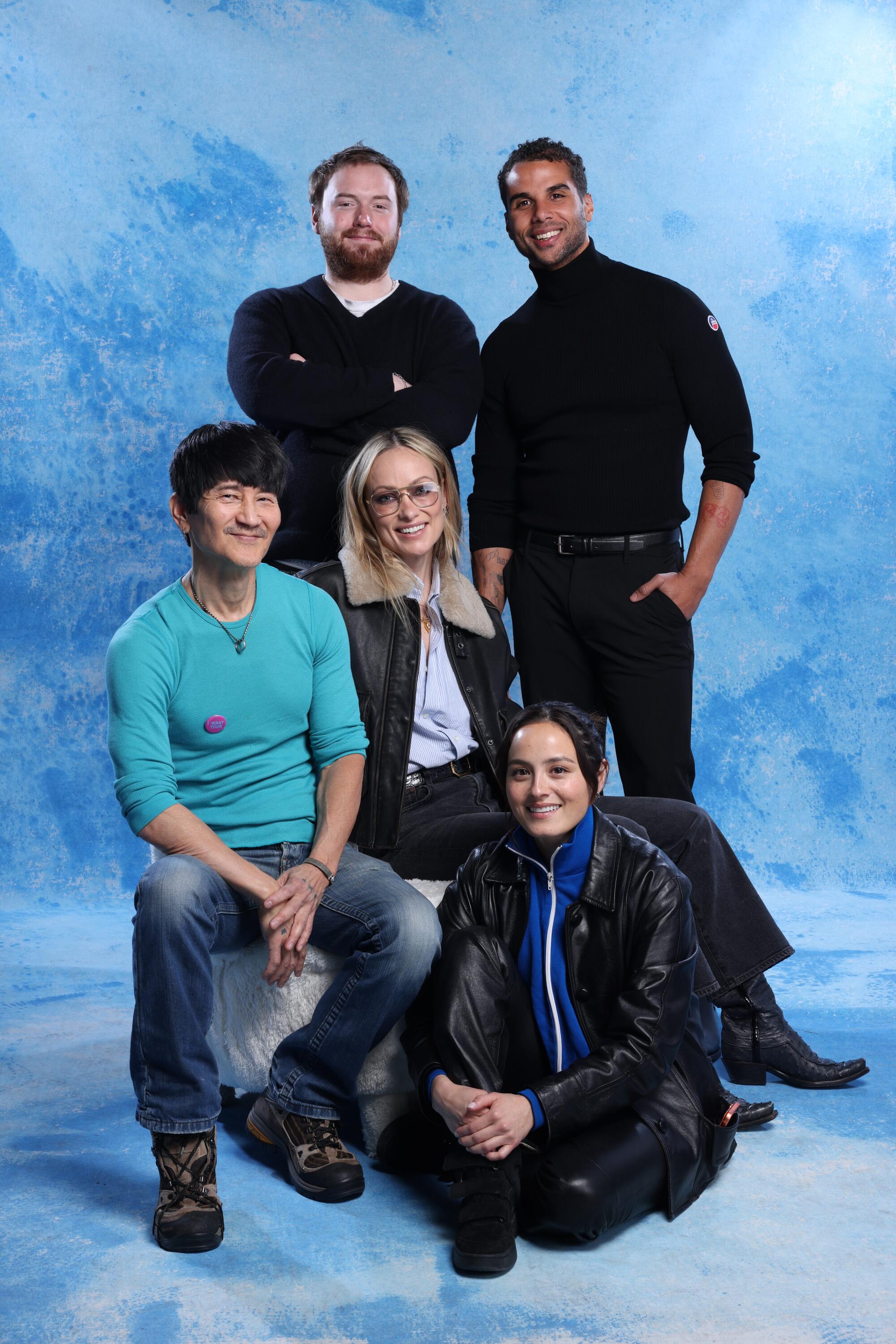 Cooper Hoffman, Mason Gooding, center row, Gregg Araki, Olivia Wilde, seated, and Chase Sui Wonders of "I Want Your Sex."