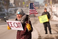 Rosie Grutze protests the presence of the U.S. Immigration and Customs Enforcement, Jan. 21,...