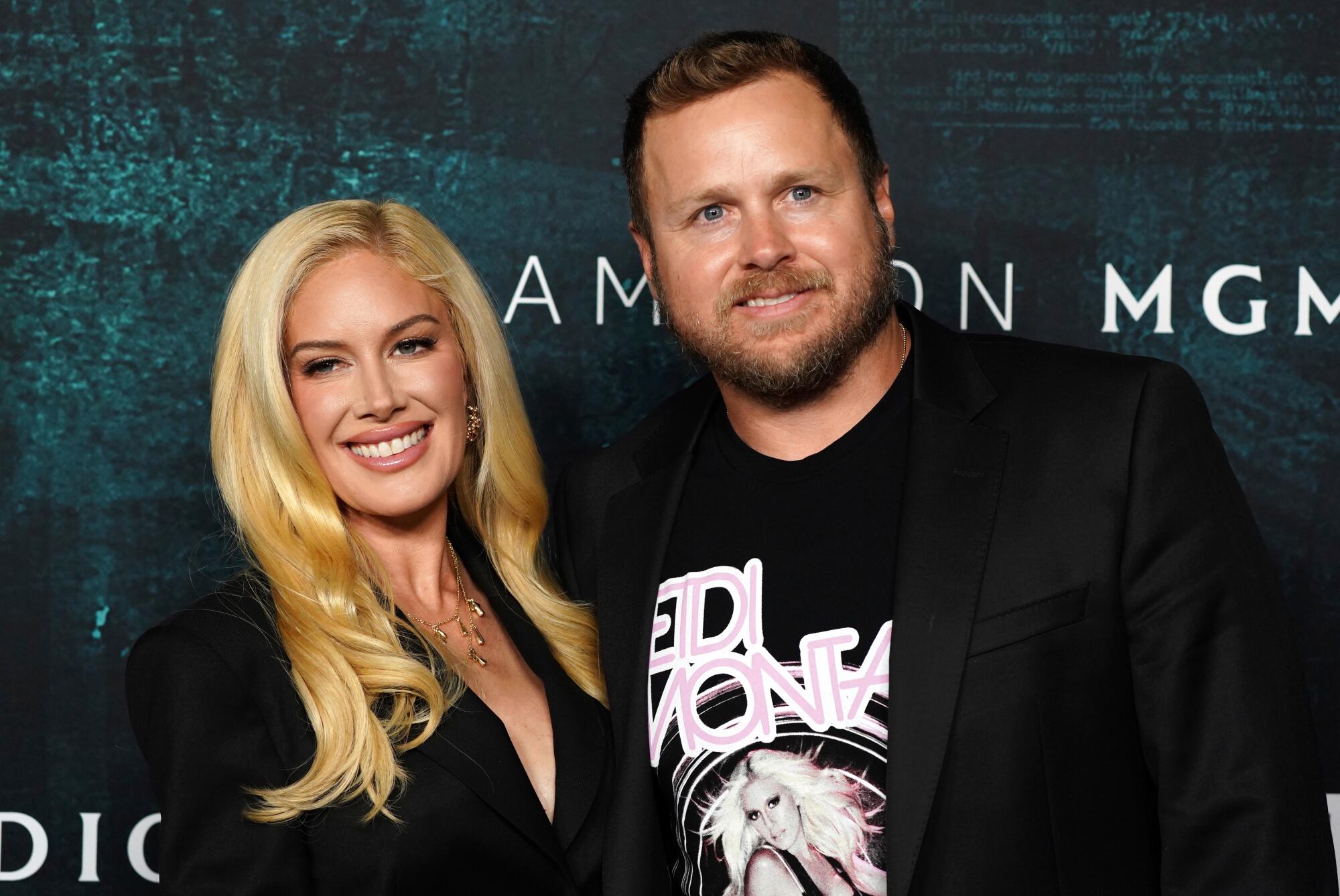 Heidi Montag, left, and Spencer Pratt arrive at the premiere of "The Accountant 2" on April 16, 2025 in Los Angeles. 