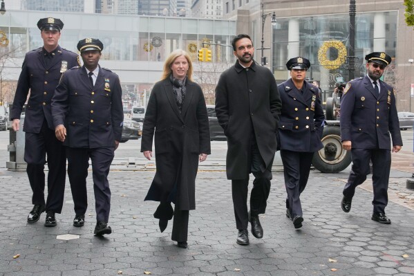New York Mayor-elect Zohran Mamdani and New York City Police Commissioner Jessica Tisch walk to the New York City Police Memorial, Wednesday, Nov. 19, 2025. (AP Photo/Richard Drew)