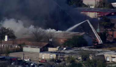 SkyEye shows heavy smoke as crews battle church fire near the North Freeway, Houston Fire Department says