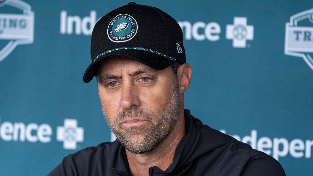 Philadelphia Eagles offensive coordinator Kevin Patullo talks to the media during practice at NFL football training camp, July 26, 2025, in Philadelphia.