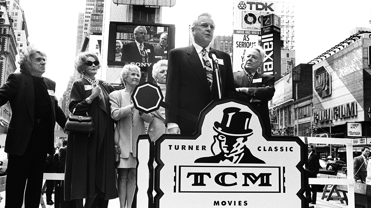 From left: Arlene Dahl, Arthur Hiller, Celeste Holm, Jane Powell, Robert Osborne and Van Johnson helped launch TCM in Times Square on April 14, 1994.