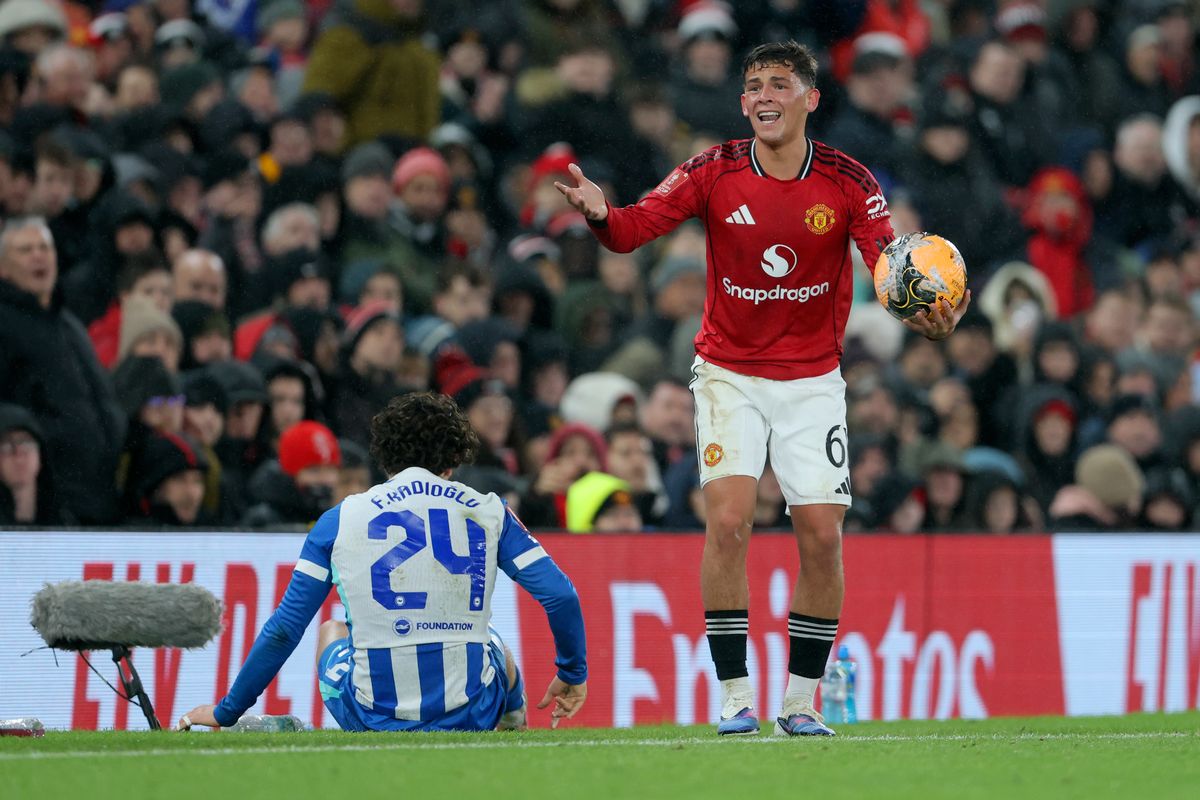 Shea Lacey of Manchester United is sent off for throwing the ball away during the Emirates FA Cup Third Round match between Manchester United and Brighton & Hove Albion