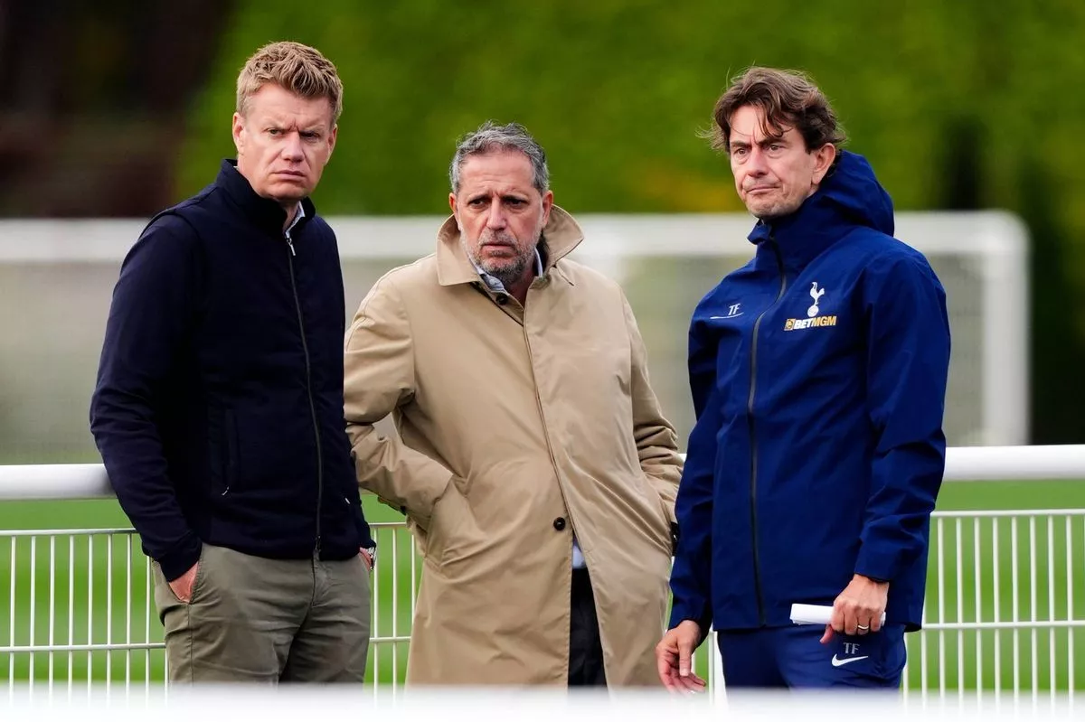 Tottenham Hotspur sporting directors Fabio Paratici (centre) and Johan Lange (left) with manager Thomas Frank during a training session at the Tottenham Hotspur Training Centre, London. Picture date: Tuesday October 21, 2025.