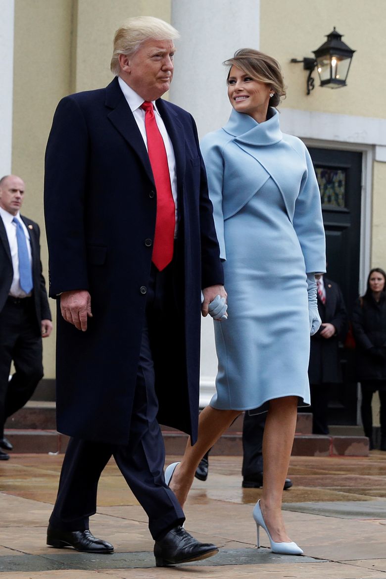 A blue knit dress by Ralph Lauren with a 1960s shape on Melania Trump in 2017.