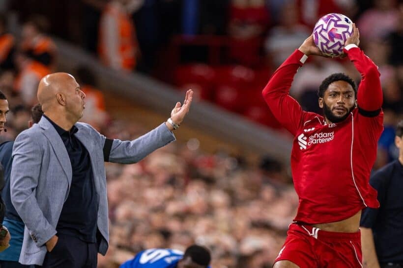 LIVERPOOL, ENGLAND - Friday, August 15, 2025: Liverpool's Joe Gomez takes a throw-in during the FA Premier League match between Liverpool FC and AFC Bournemouth at Anfield. Liverpool won 4-2. (Photo by David Rawcliffe/Propaganda)