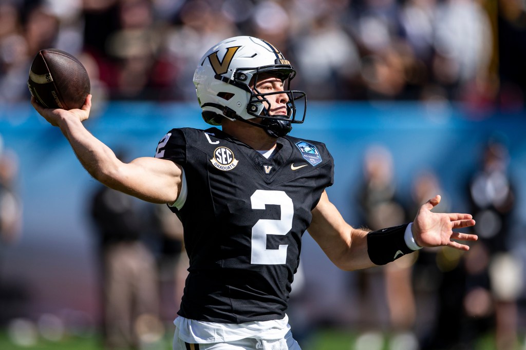 Vanderbilt quarterback Diego Pavia (2) throws a pass during the 2025 ReliaQuest Bowl game between the Vanderbilt Commodores and the Iowa Hawkeyes at Raymond James Stadium in Tampa, Fla., on Wednesday, December 31, 2025.  