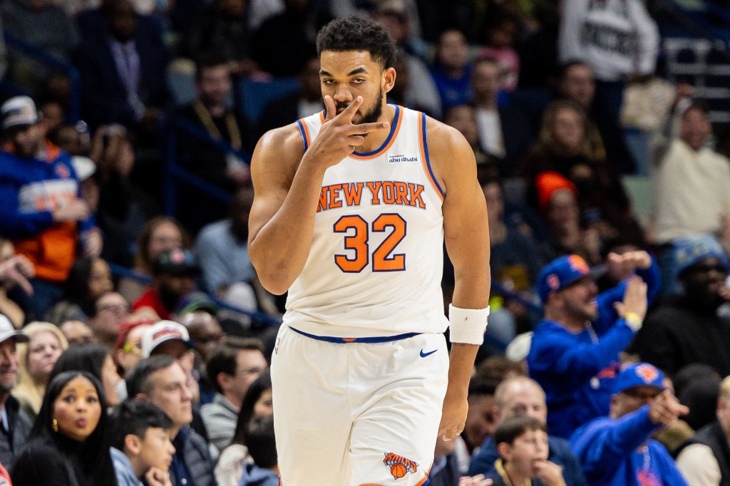 New York Knicks center/forward Karl-Anthony Towns (32) reacts to a play against the New Orleans Pelicans during the second half at Smoothie King Center. 