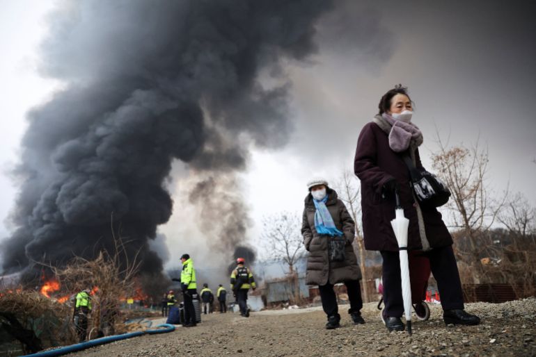 a fire at Guryong village, the last shantytown in the Gangnam district, in Seoul, South Korea, January 16, 2026. REUTERS/Kim Hong-ji