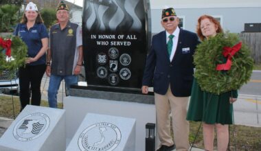 Pictured from left, American Legion Department of Florida Commander Jessica Moore, Ocean Beaches Post 129 Commander Jeff Durden, American Legion District 5 Commander Miguel Garcia and American Legion Auxiliary Unit 129 President Cindy Jordan take part in the official unveiling of monuments honoring beaches military service personnel killed in action in undeclared wars, at Ocean Beaches Post 129 in Jacksonville Beach.