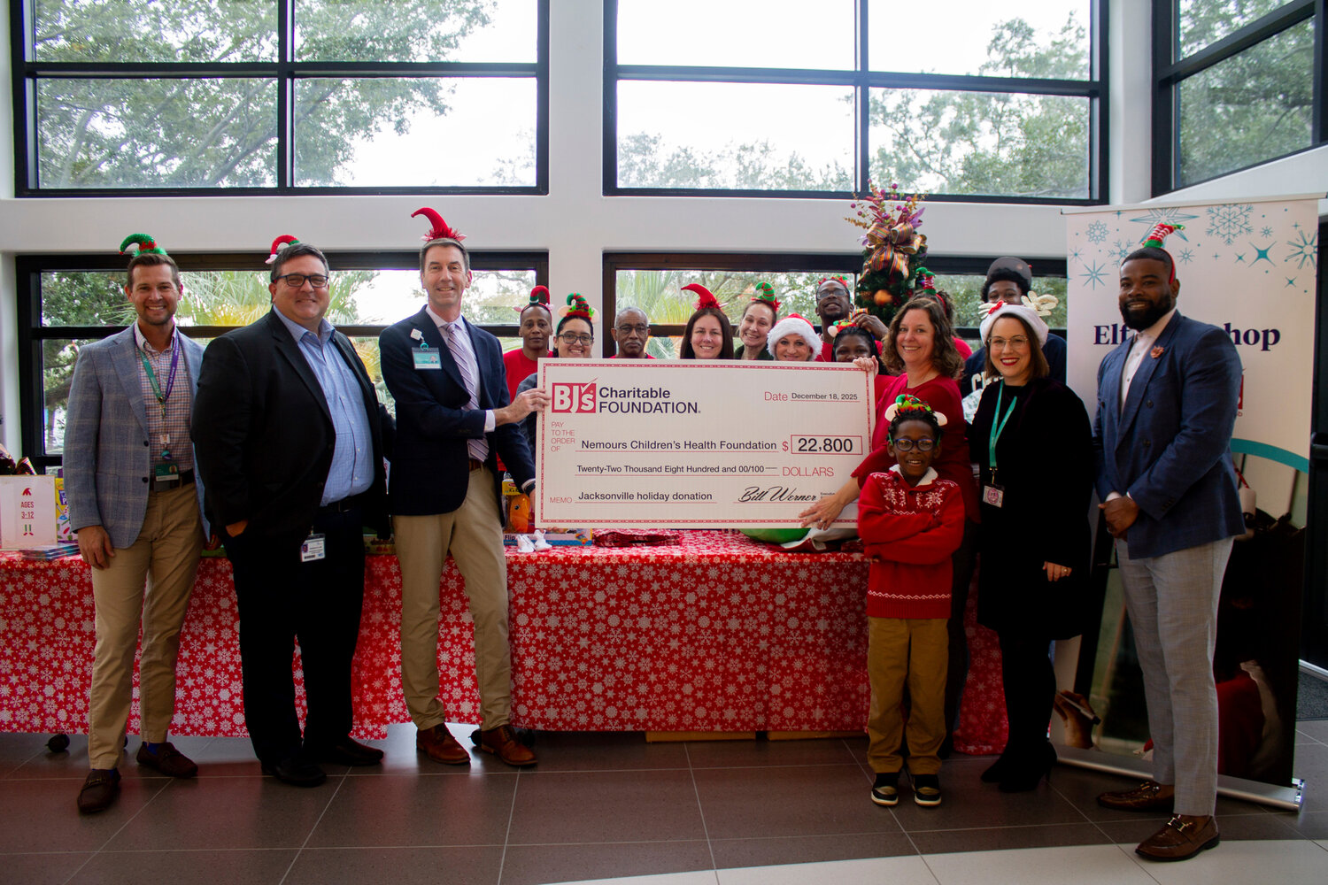 Pictured from left: from Nemours Children&rsquo;s Health, Jacksonville, Kevin Mroczka, Dr. Andrew Stec, Dr. Aaron Carpenter; from BJ&rsquo;s Wholesale Club, Emily McCann; Nemours patient Ahmir Revels; from  Nemours Children&rsquo;s Morgan Blair and Paris Owens.