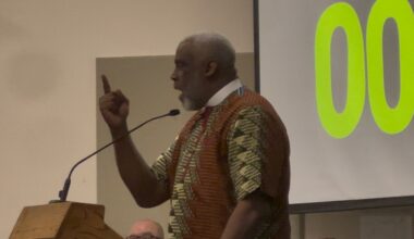 At least 100 people showed up to Fleming Island High to express their outrage. Here, Saint James AME Church Rev. Jeffrey Dove speaks at the podium.