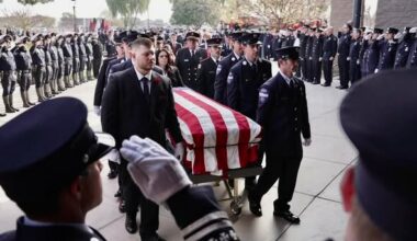 Fourteen fallen firefighters will be remembered Jan. 11 during a ceremony at Wesley Bolin Plaza in Phoenix. This is a photo of the funeral service for Scott Leatham, a Tempe firefighter, who died from occupational cancer.