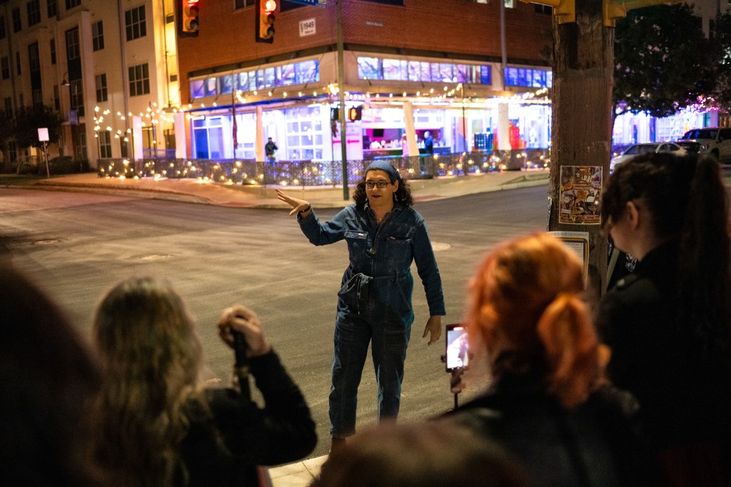 Ry Vazquez, 6W Project Vice President, speaks to protestors after the removal of the rainbow crosswalk.