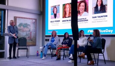Panelists discuss the issue of human trafficking Sunday, Jan. 11, during a Humanity Lab Series event at the link in Nocatee. Pictured from left are: Tracye Polson, director of state and federal advocacy in the Office of the Mayor of Jacksonville; Kristin Keen, founder and CEO of Rethreaded; Tami Taunton, founder and executive director of Hadassah&rsquo;s Hope; Kelly Posze, national director and co-founder of Her Song; and Arize Together gives survivors what co-founder Chantelle Kammerdeiner.