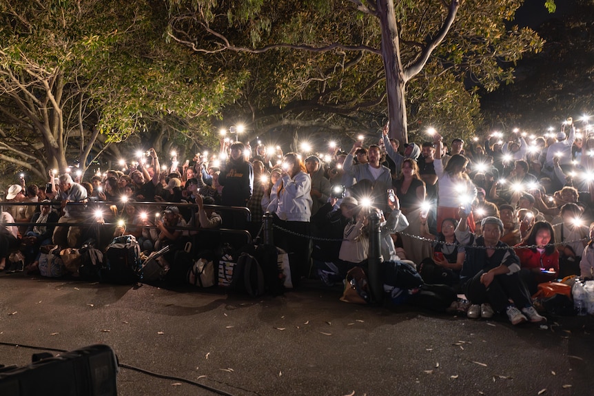 A large number of people behind a barricade hold their phones high with the torches on.