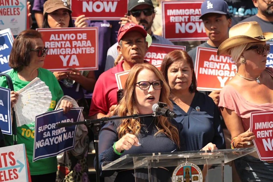 L.A. County Supervisor Lindsey Horvath speaks at a rally.