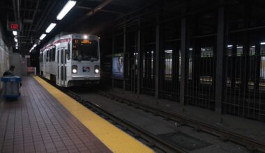 Trolley heads through SEPTA tunnel.