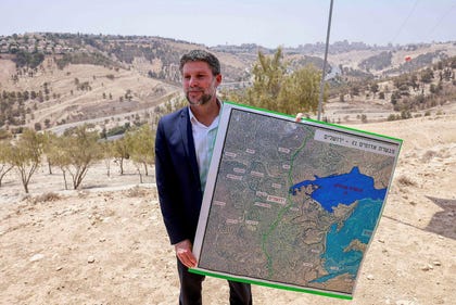 Far-right Minister Smotrich in the West Bank presenting the plan to build in E1, in August.