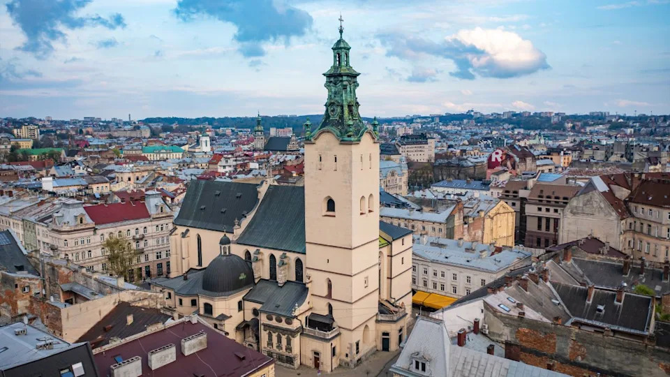 Lviv, Ukraine - May 6, 2021: View on Latin Cathedral in Lviv, Ukraine from drone