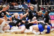 Trophy Club Byron Nelson players celebrate after defeating Houston Stratford to win the UIL...