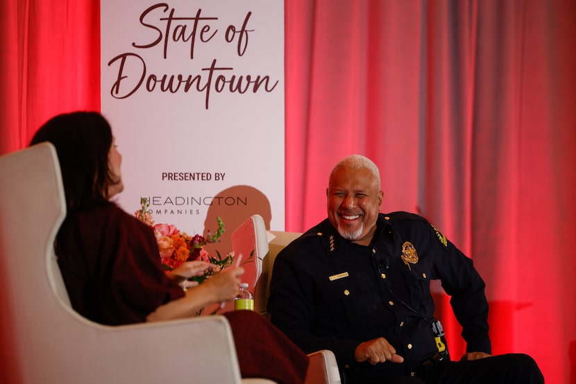 Dallas Police Chief Daniel Comeaux laughs while speaking with Jennifer Scripps, Downtown...