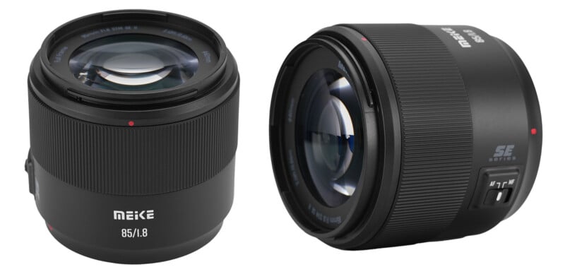 Two black Meike 85mm f/1.8 camera lenses are shown on a white background—one facing forward displaying the front element, the other angled to show the side controls and lens details.