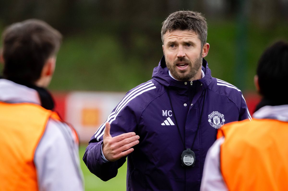 Head Coach Michael Carrick of Manchester United in action during a first team training session at Carrington Training Ground