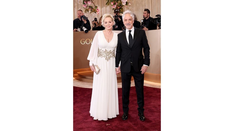 BEVERLY HILLS, CALIFORNIA - JANUARY 11: (FOR EDITORIAL USE ONLY) (L-R) Jean Smart and Joe Pacheco attend the 83rd Annual Golden Globe Awards at The Beverly Hilton on January 11, 2026 in Beverly Hills, California. (Photo by Monica Schipper/Getty Images)