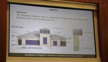 Presentation image with rendering of Frost Bank in Keller