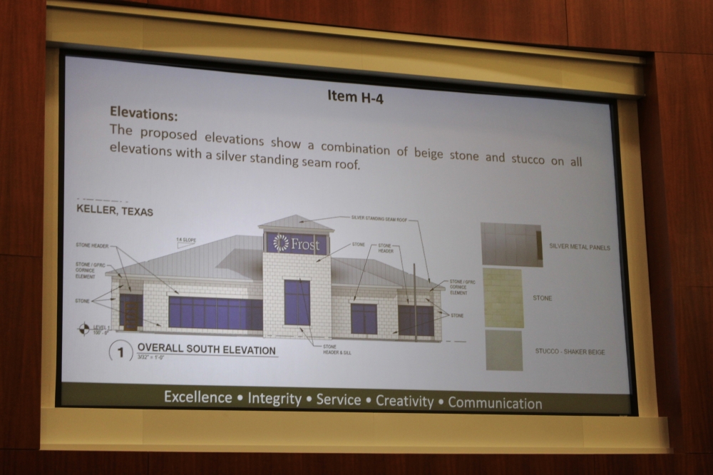 Presentation image with rendering of Frost Bank in Keller