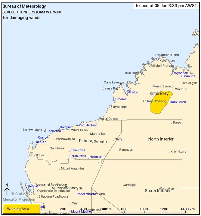 The warning area outlined in dark yellow. 