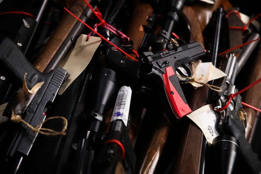 A collection of guns on display. 