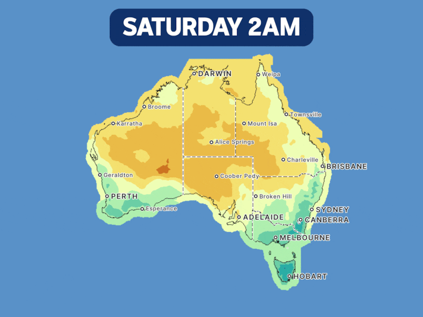 A GIF of Australia map showing colours getting darker orange and red over areas that will warm over the days. 