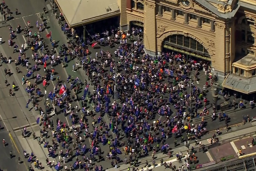 An aerial shot of the March for Australia rally in Melbourne