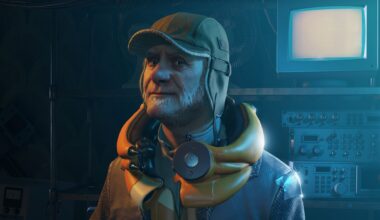 An older bearded man in a cap stood in front of computer equipment in Half-Life Alyx