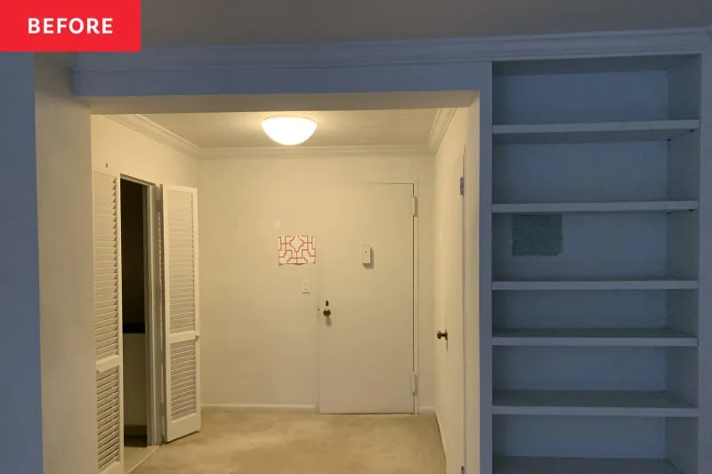 Shelving and entryway with white walls