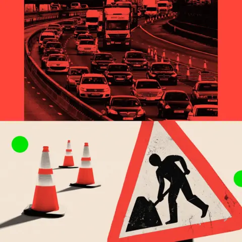 BBC Treated images of a traffic jam on the M25, traffic cones and a road work sign