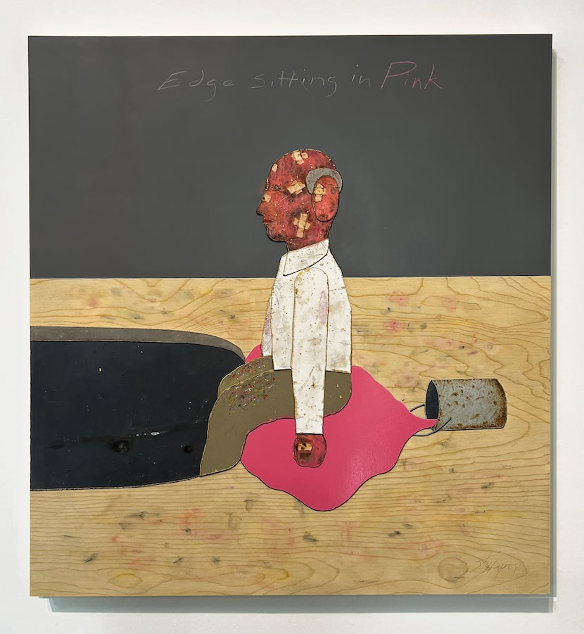 Kirk Hayes' 2025 oil-on-signboard work "Edge Sitting in Pink" is featured in the exhibition...