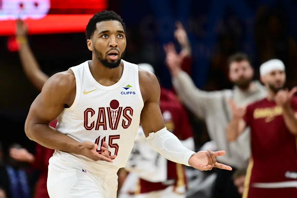 Jan 10, 2026; Cleveland, Ohio, USA; Cleveland Cavaliers guard Donovan Mitchell (45) celebrates after hitting a three point basket against the Minnesota Timberwolves during the second half at Rocket Arena. Mandatory Credit: Ken Blaze-Imagn Images