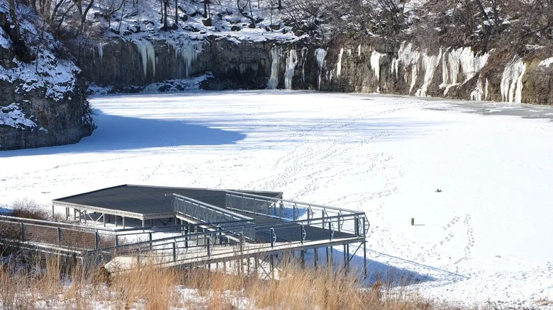 frozen pond with a rocky border and grass