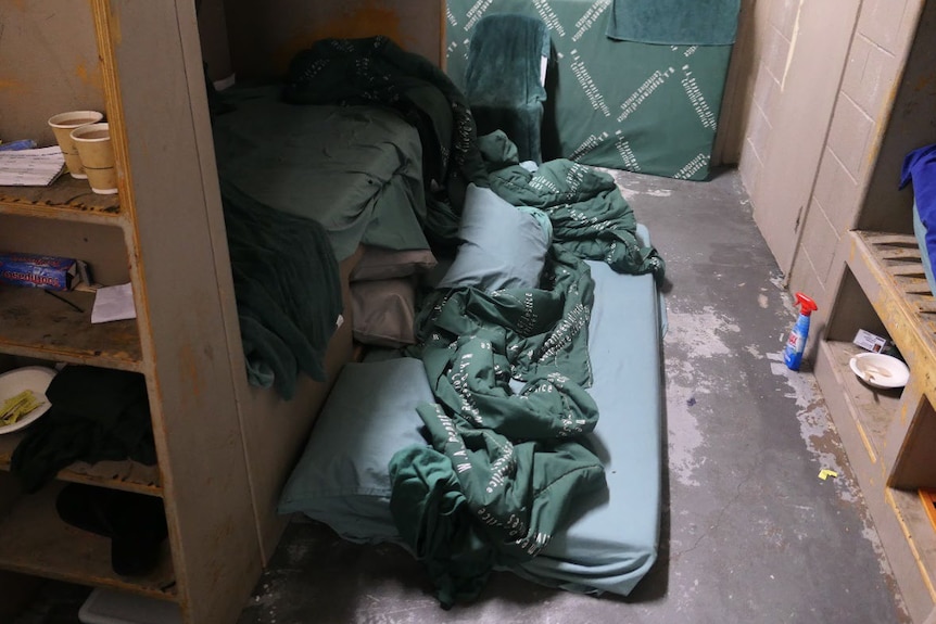 A mattress on the floor, with a messy blanket on top, with rubbish scattered around.