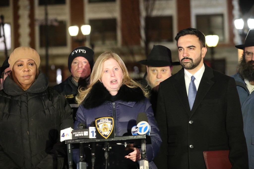Police Commissioner Tisch and Mayor Mamdani speaking at Chabad headquarters after a car rammed into the building.