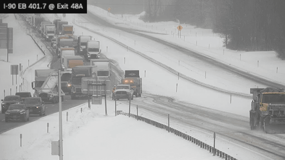 A still image from a traffic camera shows eastbound traffic diverting from the New York State Thruway at Exit 48A in Pembroke due to a crash Thursday, Jan. 29, 2026. (Image courtesy of New York State Department of Transportation)