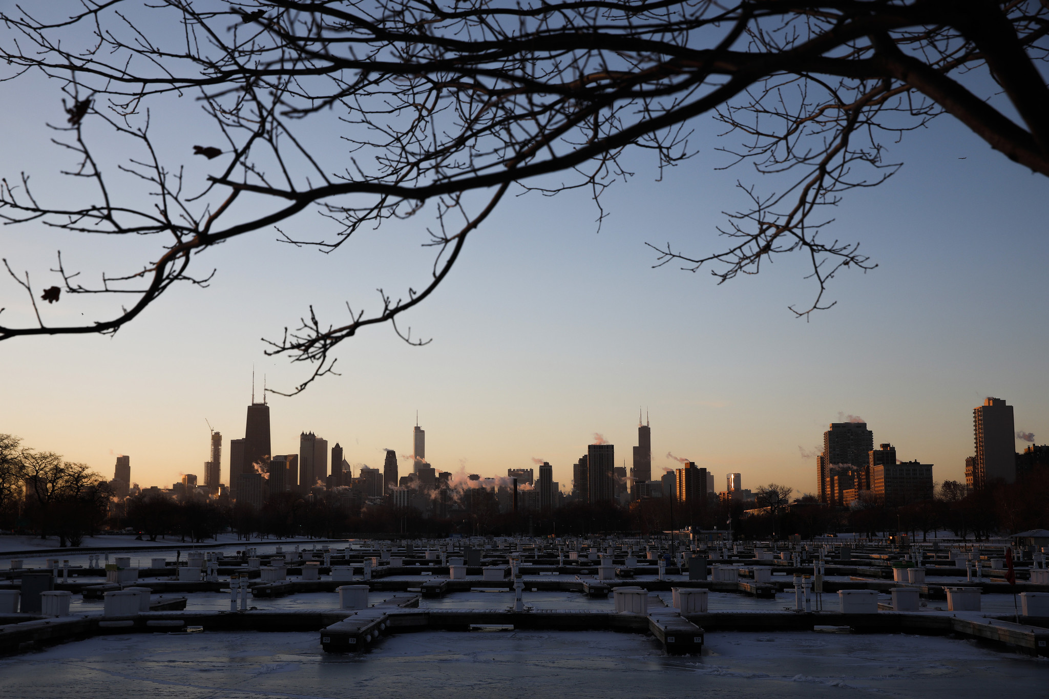 Diversey Harbor on a cold and frigid Friday morning in...