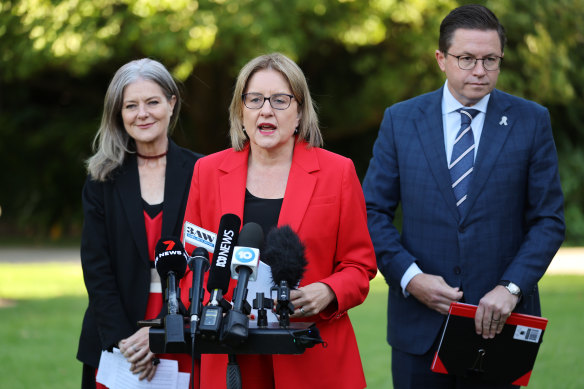 Victorian Premier Jacinta Allan with Planning Minister Sonya Kilkenny (left) and Police Minister Anthony Carbines.